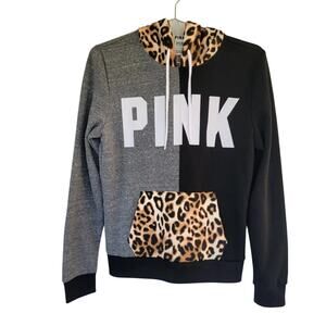 PINK Victorias Secret Leopard Hoodie Sweatshirt Womens S Black Animal Print RARE